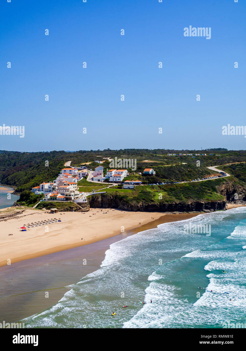 A view over Praia de Odeceixe, the beach of Odeceixe, southern Portugal from the Rota Vicentina walking trail. Stock Photo