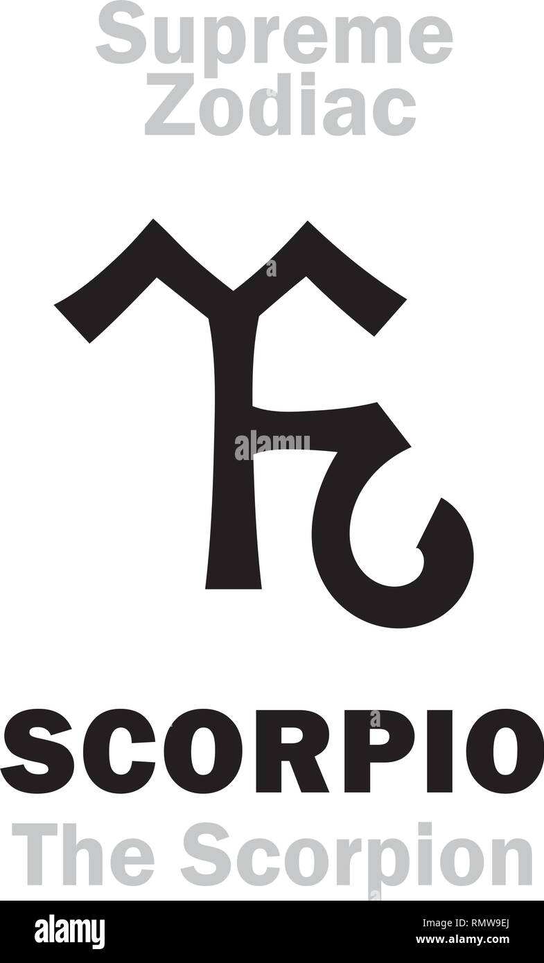 Astrology Alphabet: SCORPIO (The Scorpion), constellation Scorpius. Sign of Supreme Zodiac (Internal circle). Hieroglyphic character (persian symbol). Stock Vector