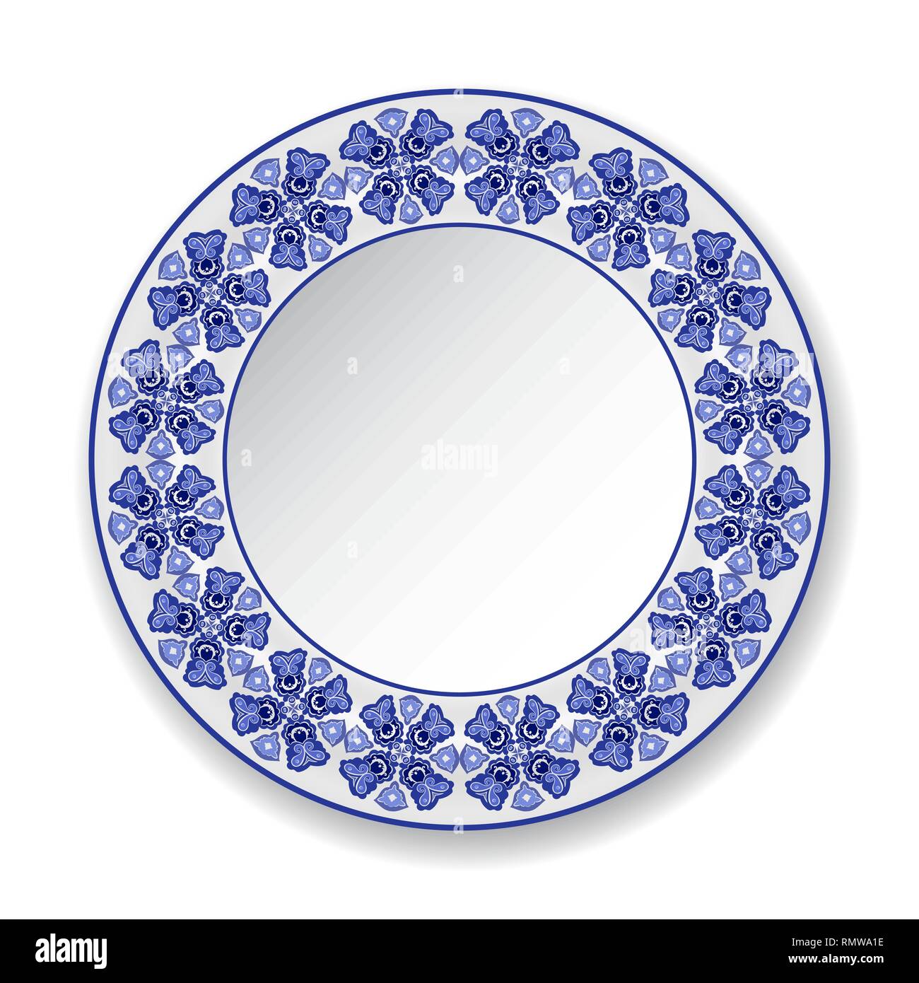 Decorative plate with blue pattern on white background. Vector