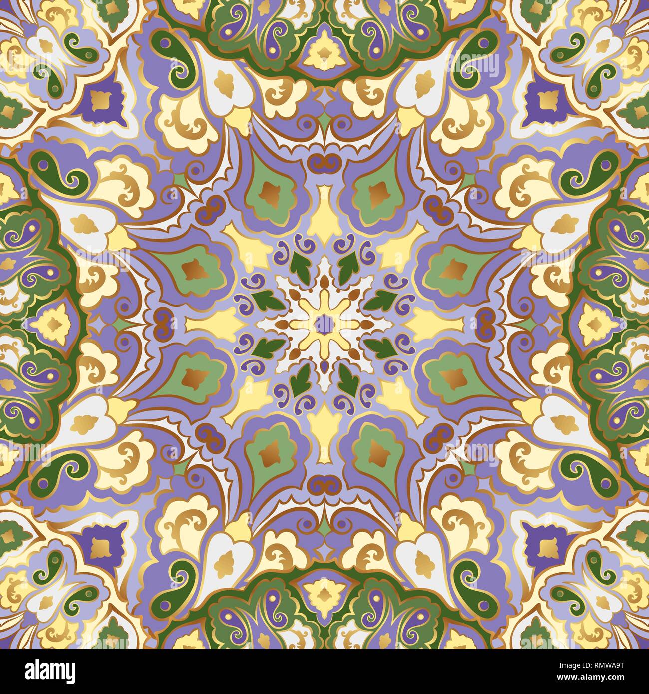 Seamless vector pattern with colored mandalas. Eastern bright ornament with gold outline. Stock Vector
