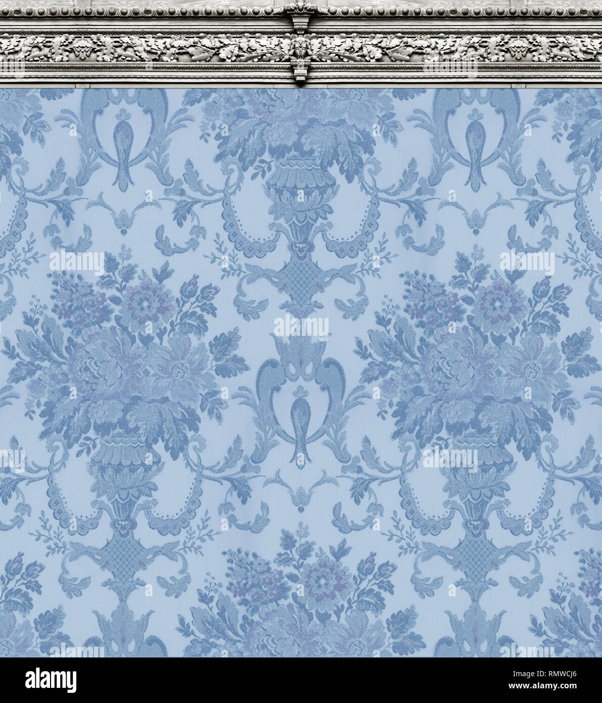 Elegant wall with rich blue damask wallpaper Stock Photo Alamy