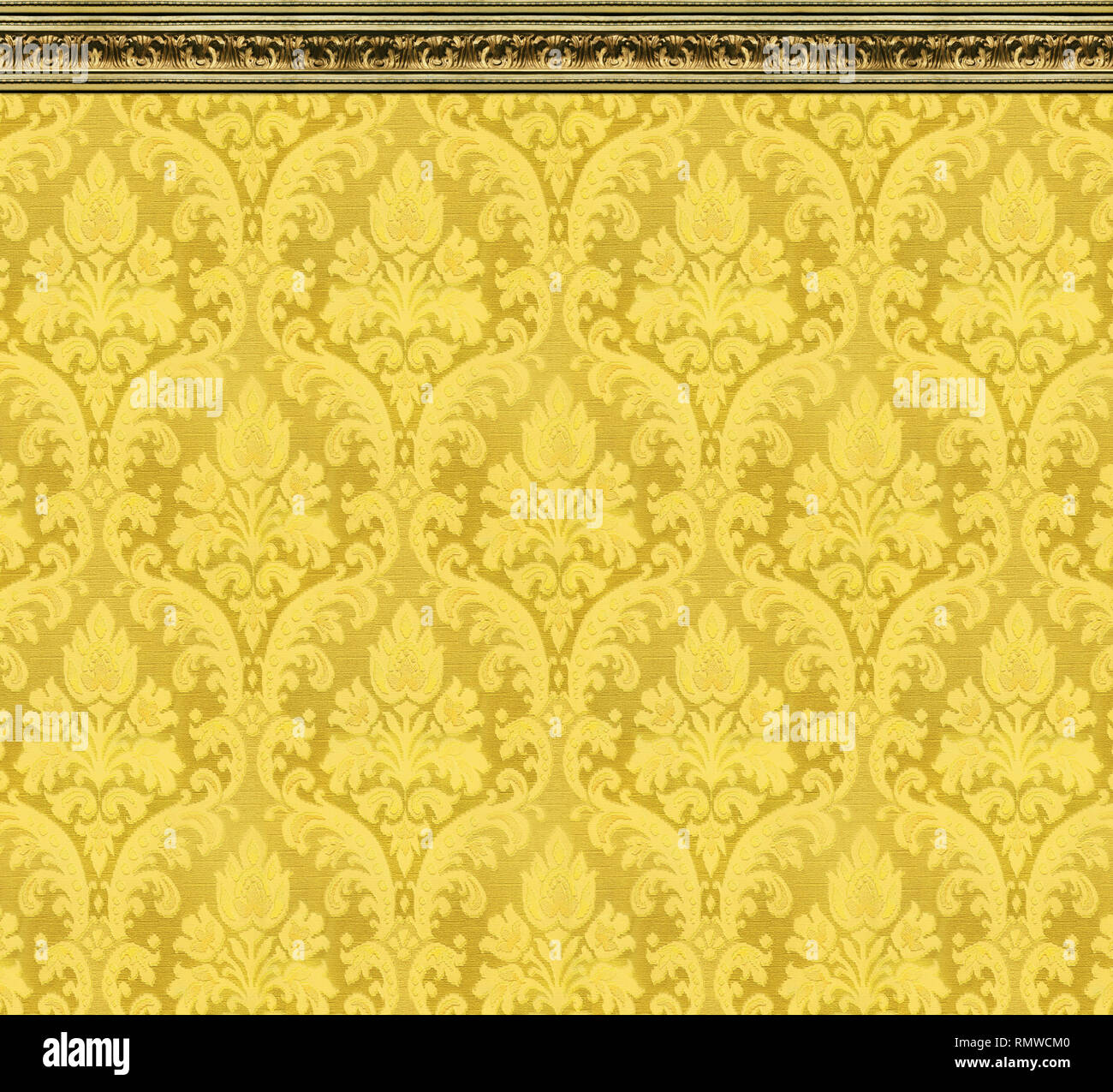 Yellow Floral Damask Wallpaper With Traditional Carved Ceiing Molding Stock Photo Alamy