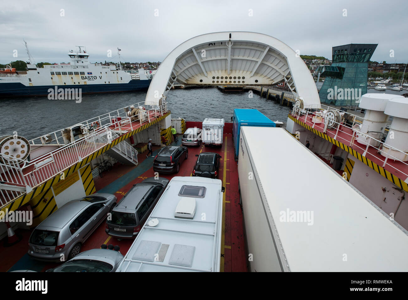 The vehicle deck of the ferry that runs between Moss and Horten in Norway. Stock Photo