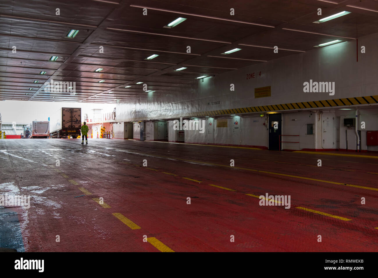 The empty vehicle deck of the ferry that runs between Moss and Horten in Norway. Stock Photo