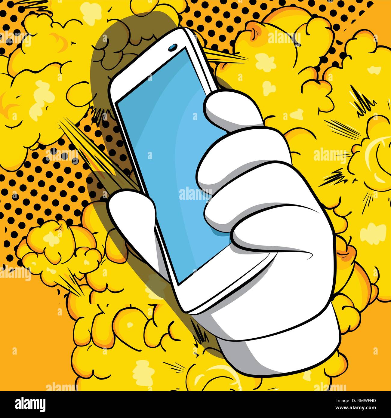 Vector Cartoon Hand Holding A Cell Phone Illustrated Hand With Smart Phone On Comic Book Background Stock Vector Image Art Alamy