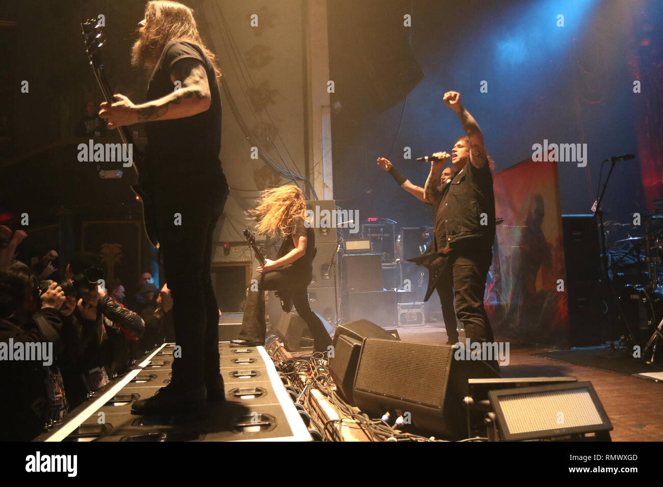 Exodus is shown performing on stage during a 'live' in concert appearance. Stock Photo