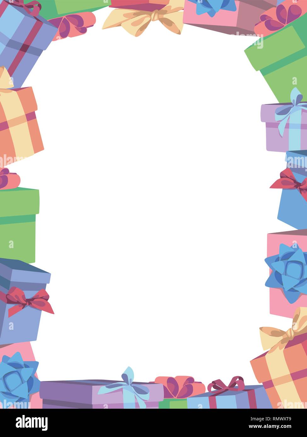 Cute cartoon vector birthday border photo frame made of colorful gift