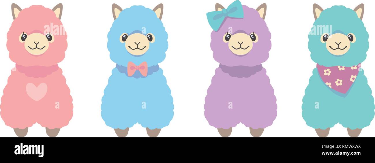 Lama set of four different fluffy pastel colored alpaca animal vector illustrations Stock Vector