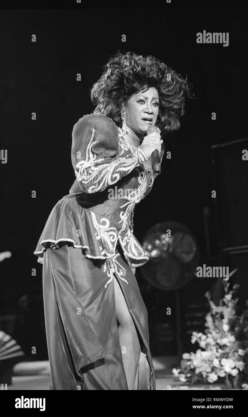 R&B and soul singer, songwriter and actress Patti LaBelle is shown performing on stage during a 'live' concert appearance. Stock Photo