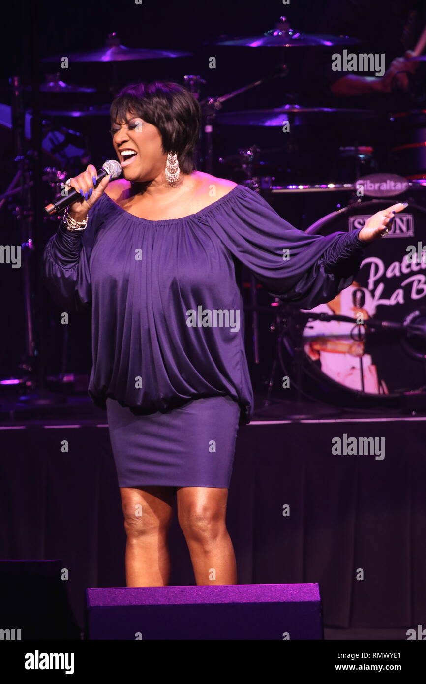 R&B and soul singer, songwriter and actress Patti LaBelle is shown performing on stage during a 'live' concert appearance. Stock Photo