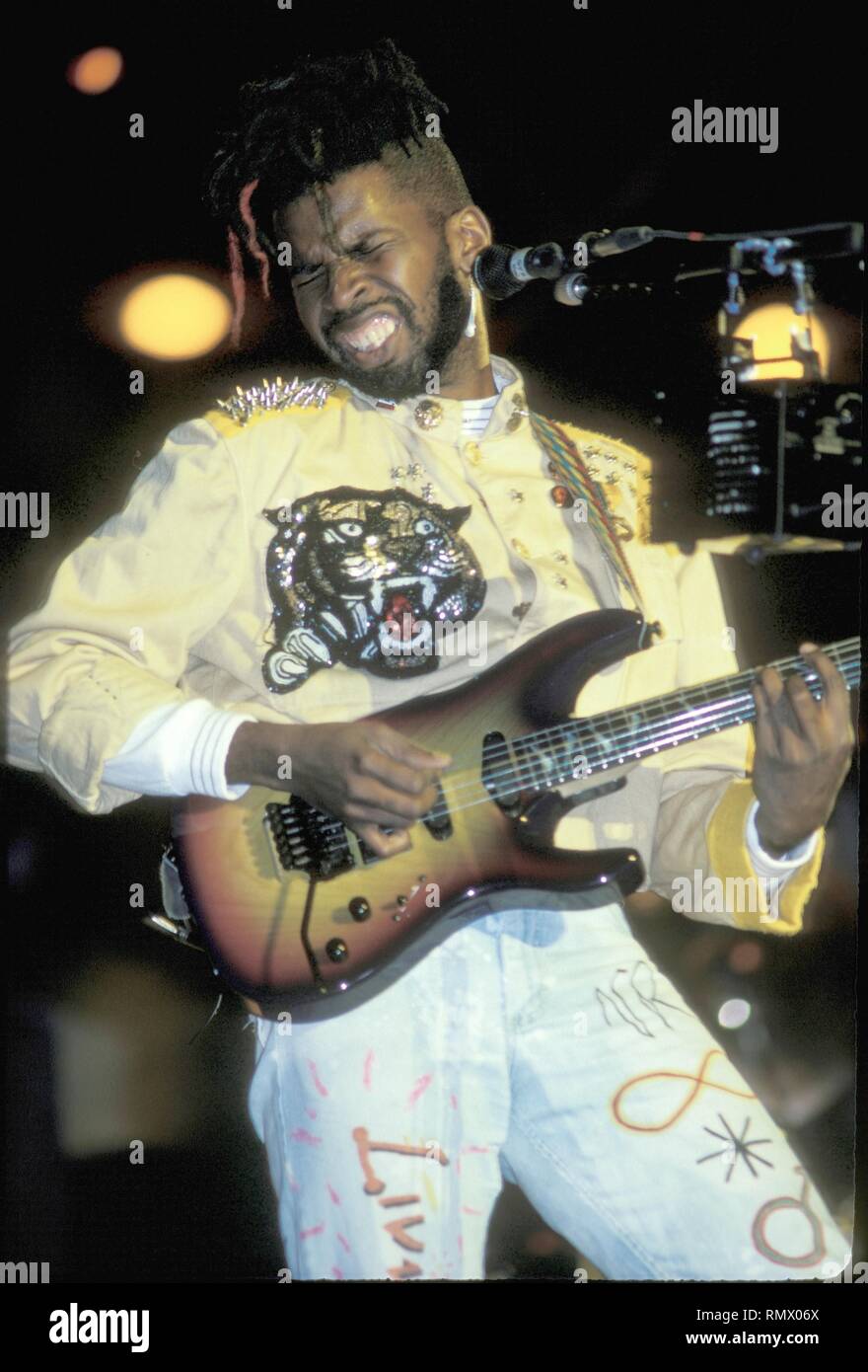 Guitarist Vernon Reid of the funk metal band Living Colour is shown performing on stage during a 'live' concert appearance. Stock Photo