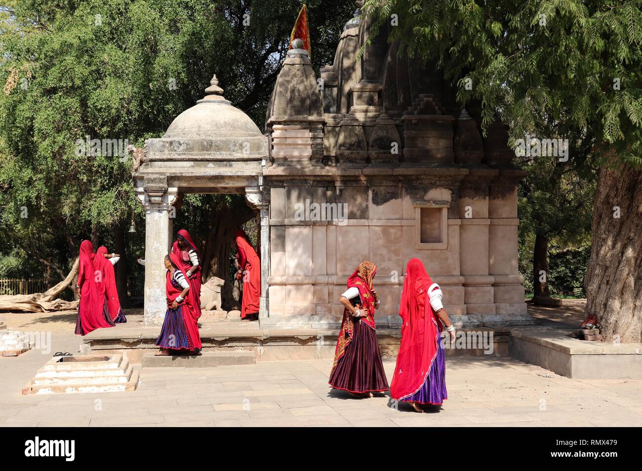 Indian women from Rajasthan, wearing traditional dress, at the Sun Temple,Modhera-Gujarat,India. Stock Photo