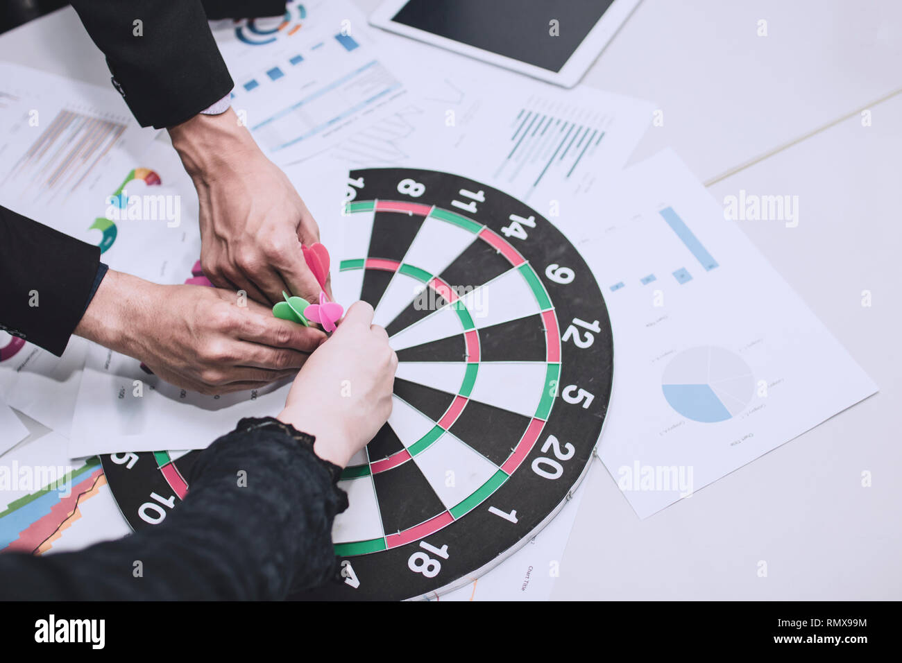 Target And Goal Concept Close Up Hands Of Business People Holding Dart On Board Stock Photo Alamy