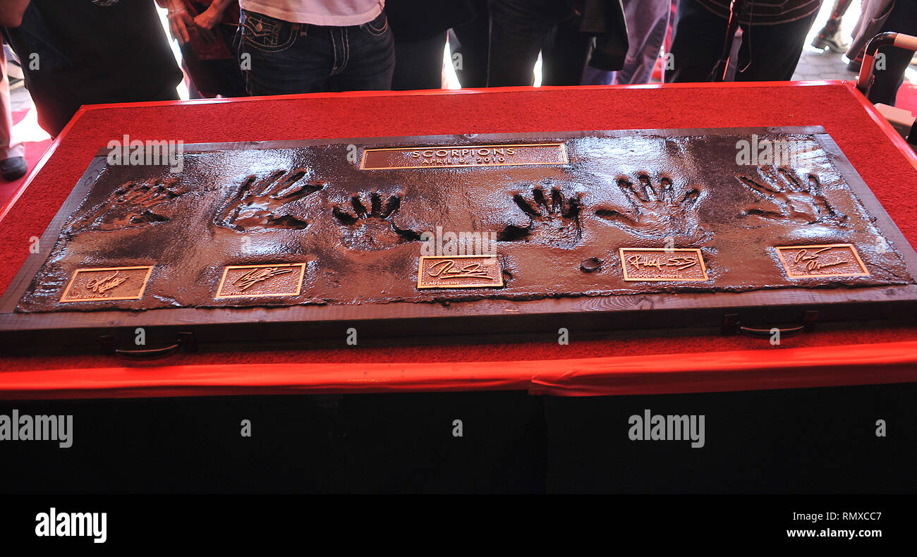 The Scorpions   handprint  39   - Rudolf Schenker, Klaus Meine, Matthias Jabs, James Kottak and Pawel Maciwoda of the Scorpions will be inducted into HollywoodÕs RockWalk at the guitar Center In Los Angeles.The Scorpions   handprint  39  Event in Hollywood Life - California, Red Carpet and backstage, movie celebrities, TV celebrities, Music celebrities, Topix, Bestof, Arts Culture and Entertainment, Photography,  inquiry tsuni@Gamma-USA.com , Credit Tsuni / USA,  accessory wear by people on event. shoes, jewelery, ring, earring, bag ambience and others. from 2010 Stock Photo