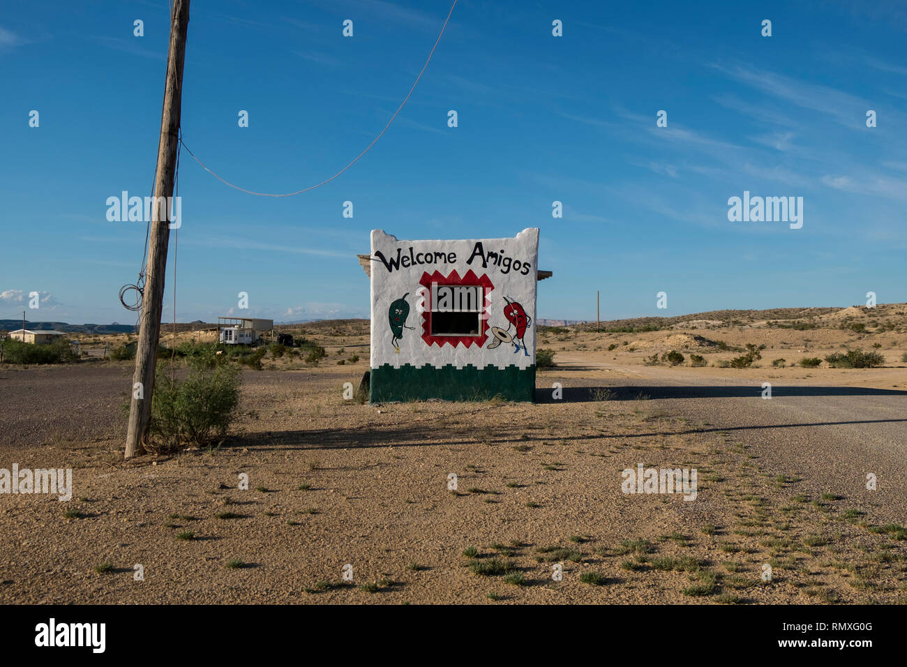 Small, little coffee shop outside Terlingua, West Texas. Welcome Amigos! Stock Photo