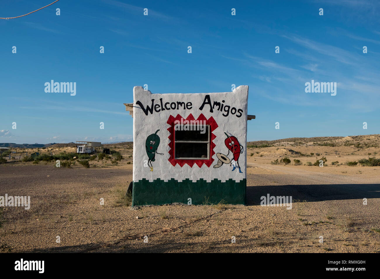 Small, little coffee shop outside Terlingua, West Texas. Welcome Amigos! Stock Photo