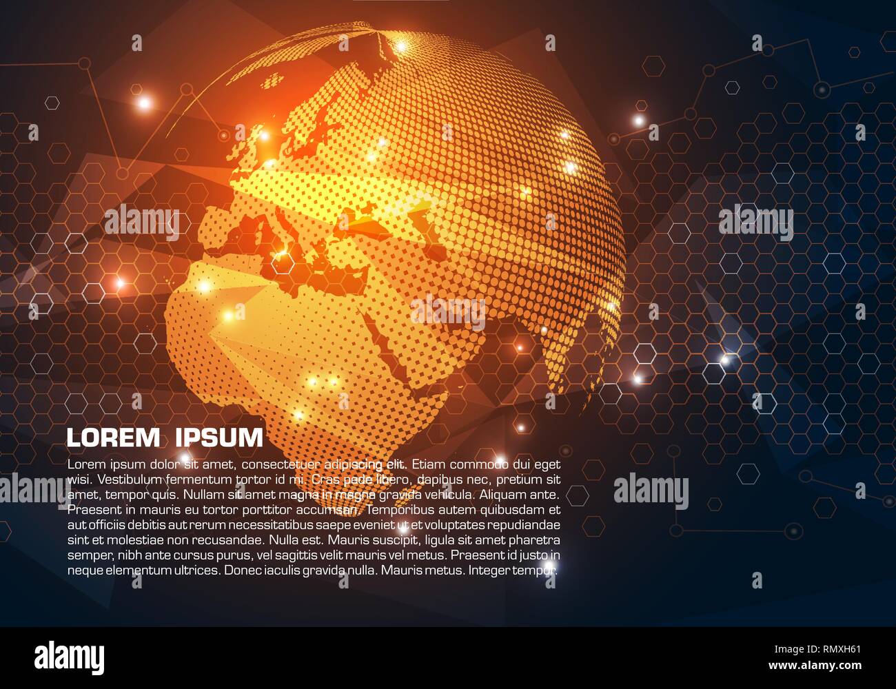 Vector abstract colorful background with dotted world globe in orange ...