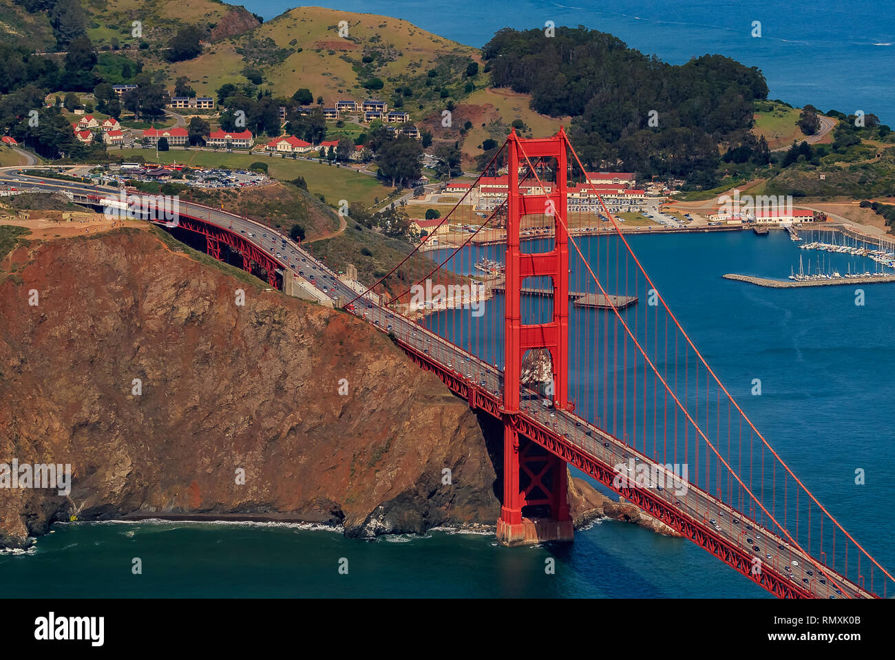 Aerial view of the North tower of Golden Gate Bridge and Sausalito in