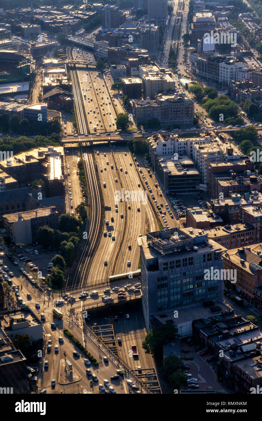 Aerial view at dusk of Highway, I-90, Massachusetts Turnpike, Boston ...