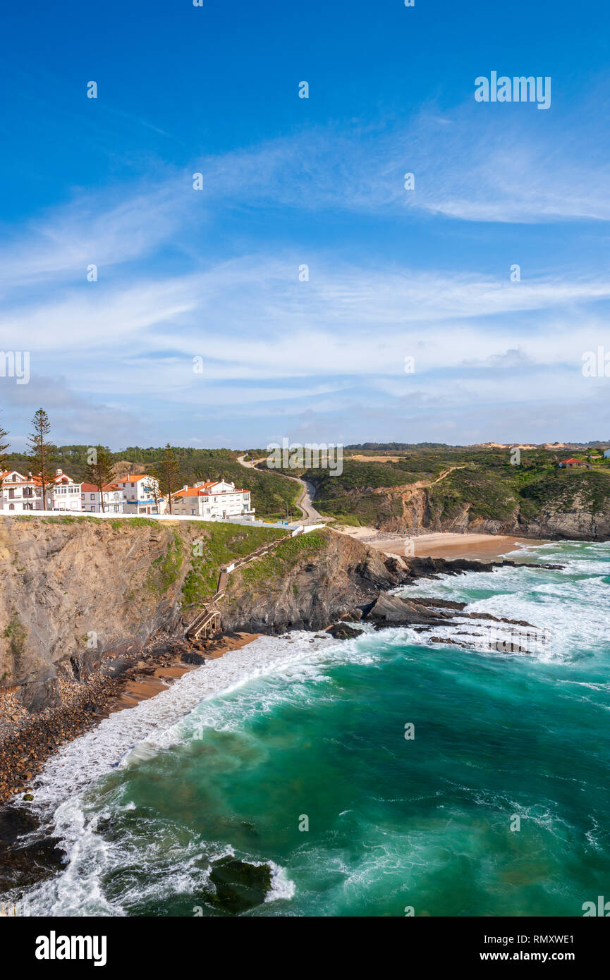 A view over the coast at Zambujeira do Mar, a small resort town on the Alentejo coastline, Portugal. Stock Photo