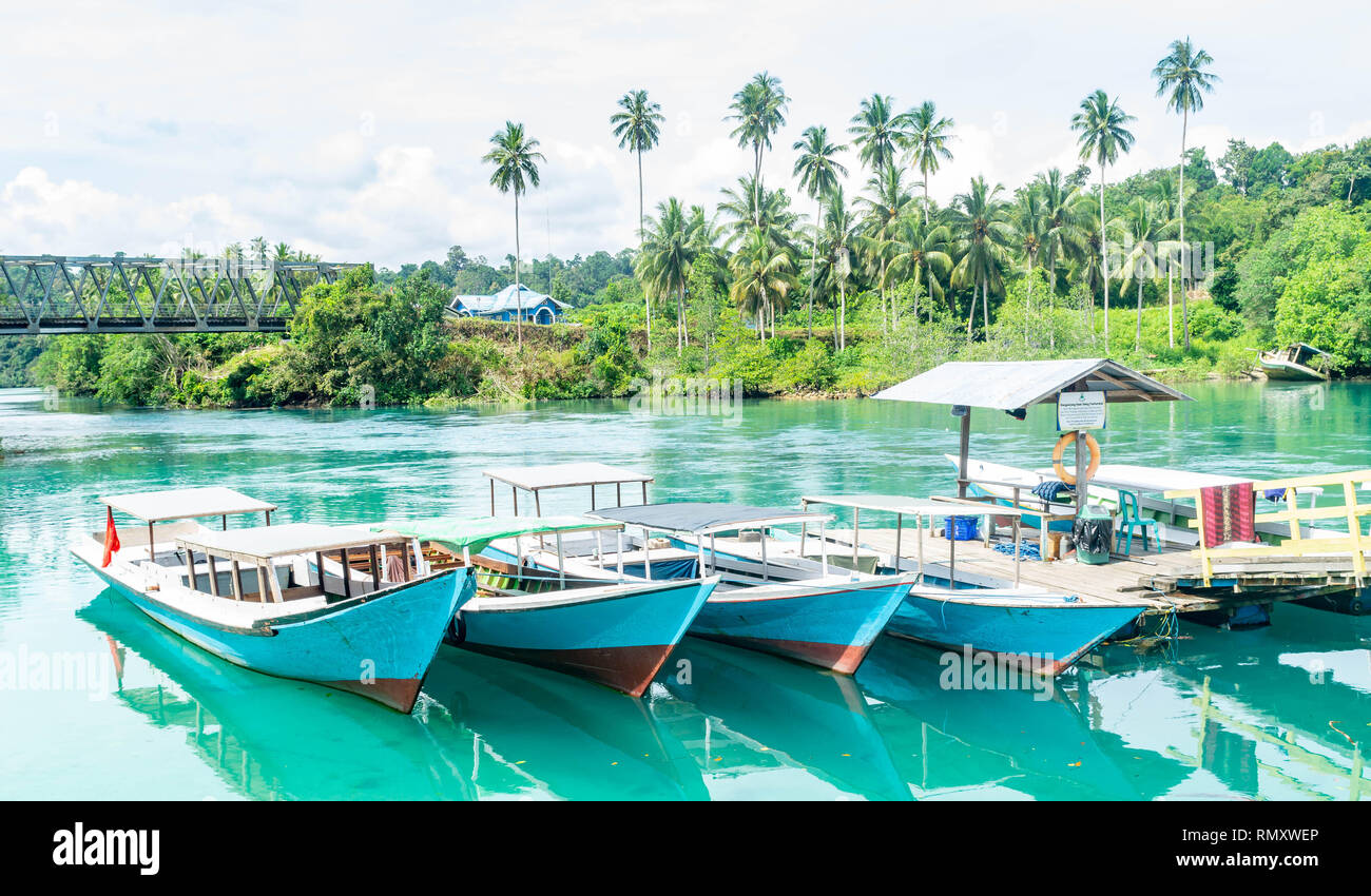 wooden boat docked at small harbor in Labuhan Cermin, Berau with beautiful coconut trees as the background Stock Photo