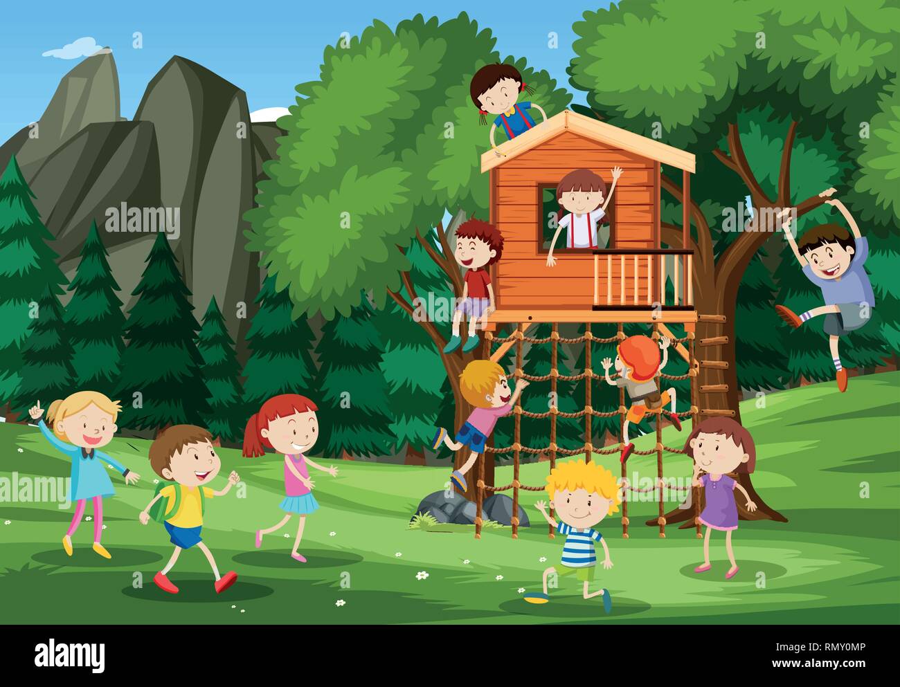 Children playing at treehouse illustration Stock Vector Image & Art - Alamy