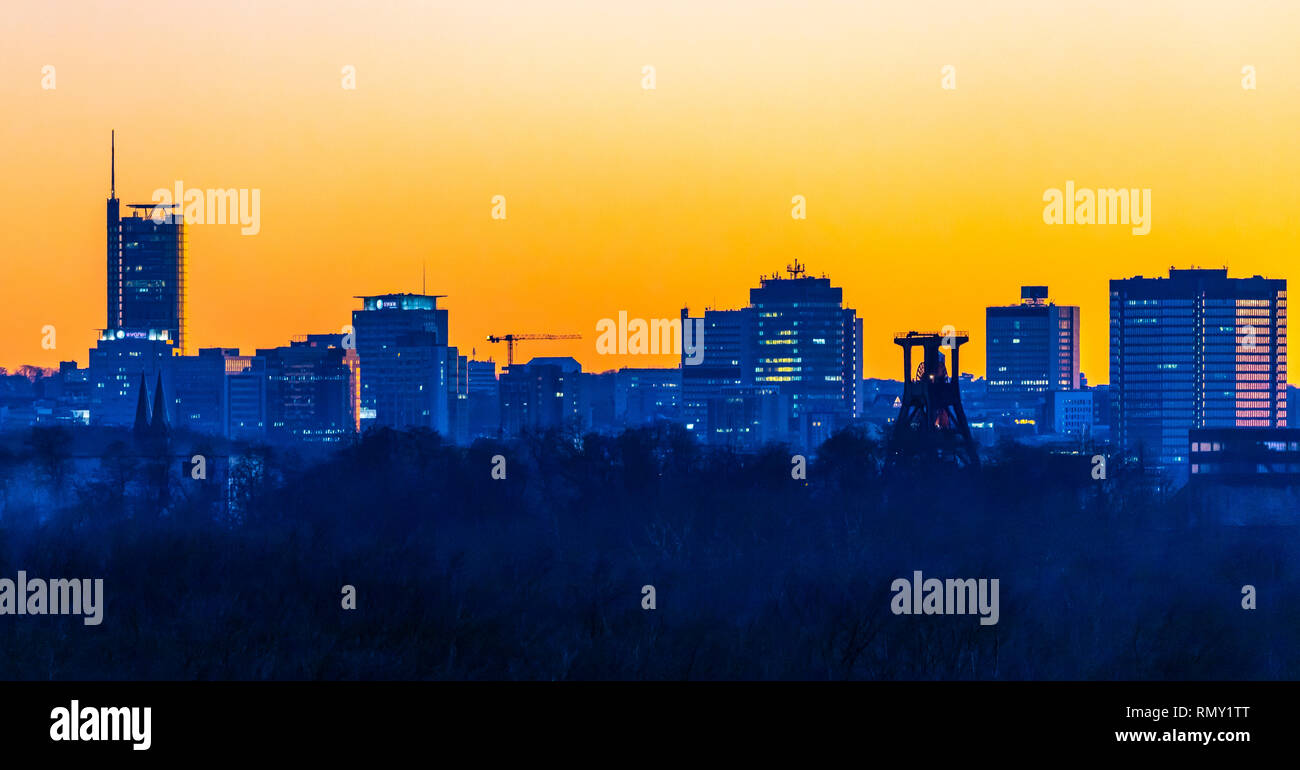 Skyline of Essen, Germany, front the Zollverein colliery, World Heritage Site, behind it the skyscrapers of the city center, with the town hall, right Stock Photo