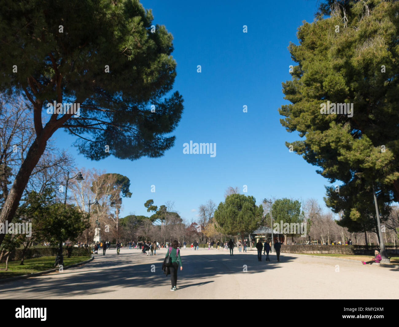 Madrid, Spain - January 27, 2018: Path inside the Retiro Park in Madrid. The Buen Retiro Park is a historic garden and public park, considered one of  Stock Photo