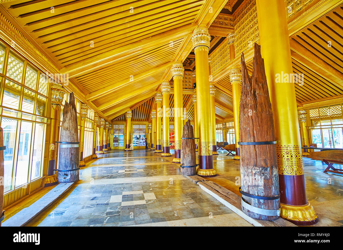 BAGO, MYANMAR - FEBRUARY 15, 2018: The scenic Great Audience Hall (Lion Throne Hall) of historic royal Kanbawzathadi palace, on February 15 in Bago. Stock Photo