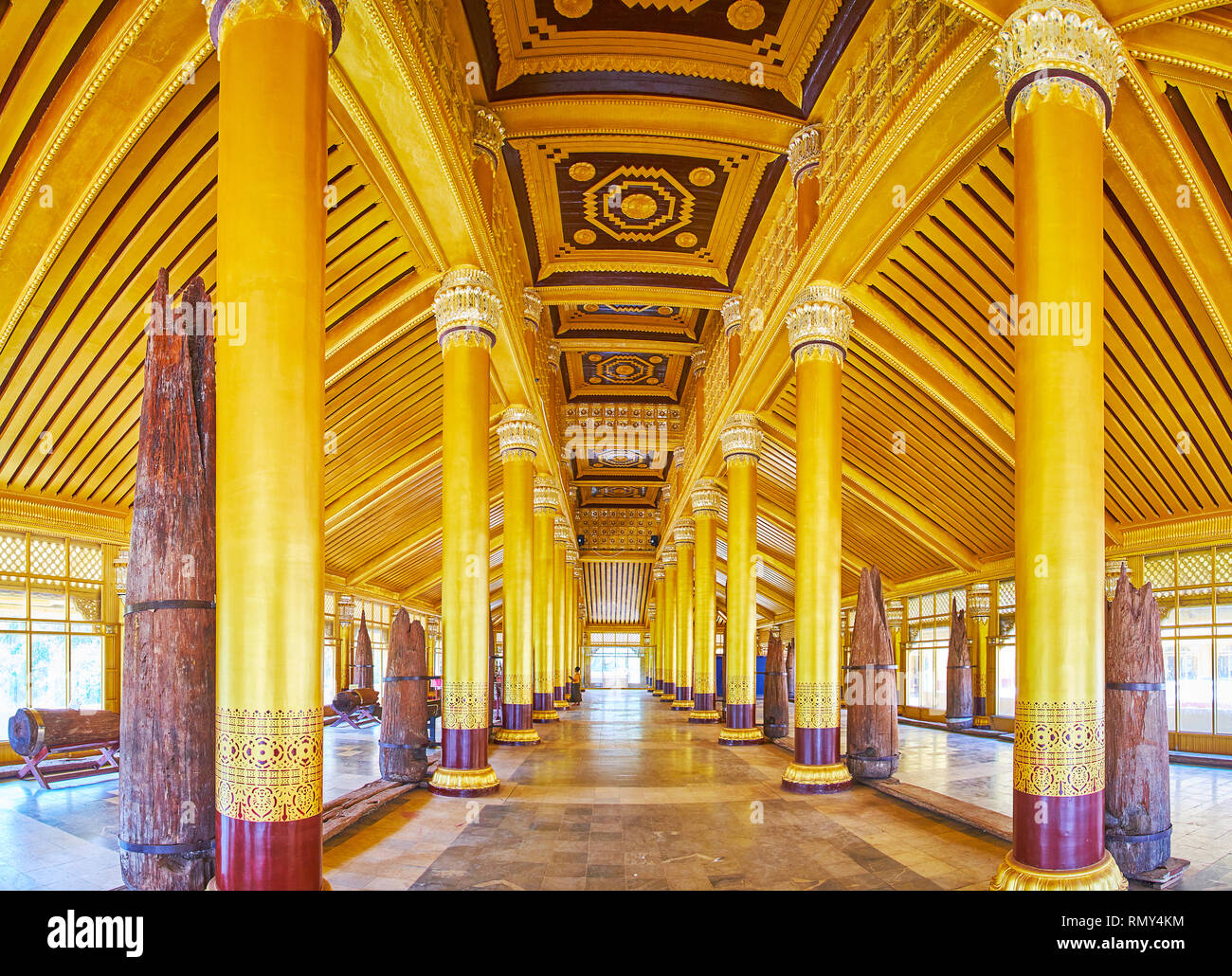 BAGO, MYANMAR - FEBRUARY 15, 2018: The Great Audience Hall (Lion Throne Hall) of Kanbawzathadi Golden palace is famous for its splendid interior with  Stock Photo