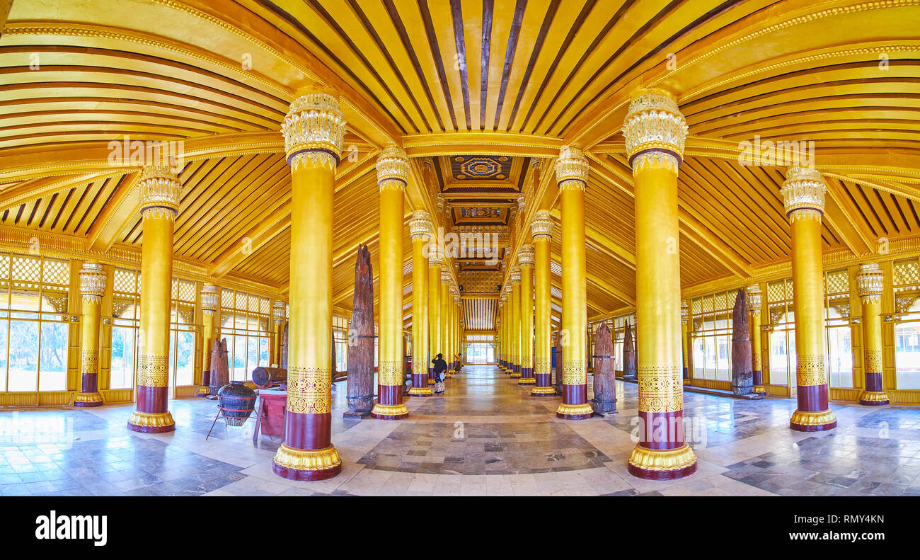BAGO, MYANMAR - FEBRUARY 15, 2018: Panorama of the Great Audience Hall (Lion Throne Hall) of Kanbawzathadi Golden palace with numerous tall pillars an Stock Photo