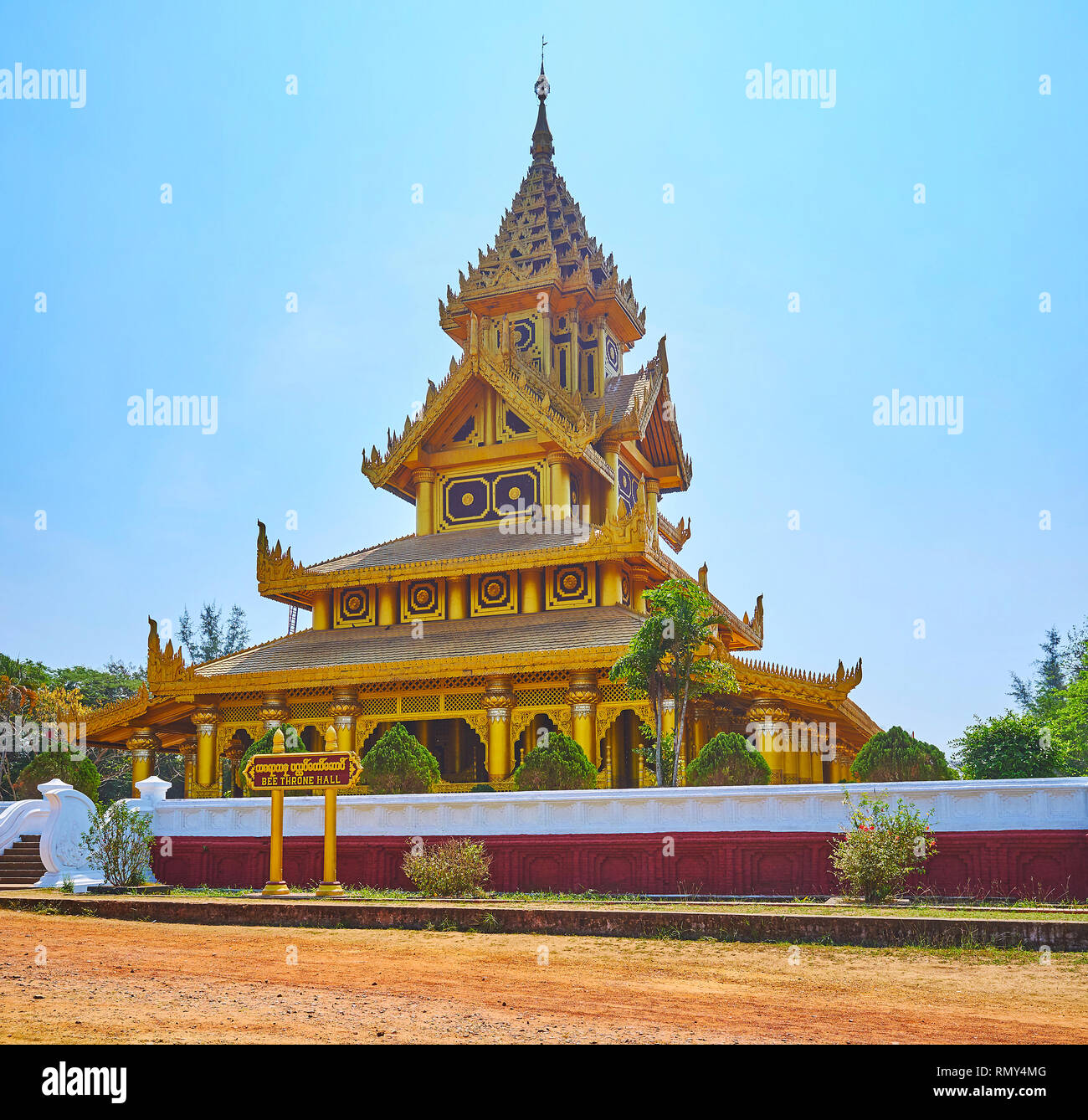Richly decorated Bee Throne Hall of Kanbawzathadi complex is perfect example of traditional Burmese architecture with pyatthat (multitired) roof, gilt Stock Photo