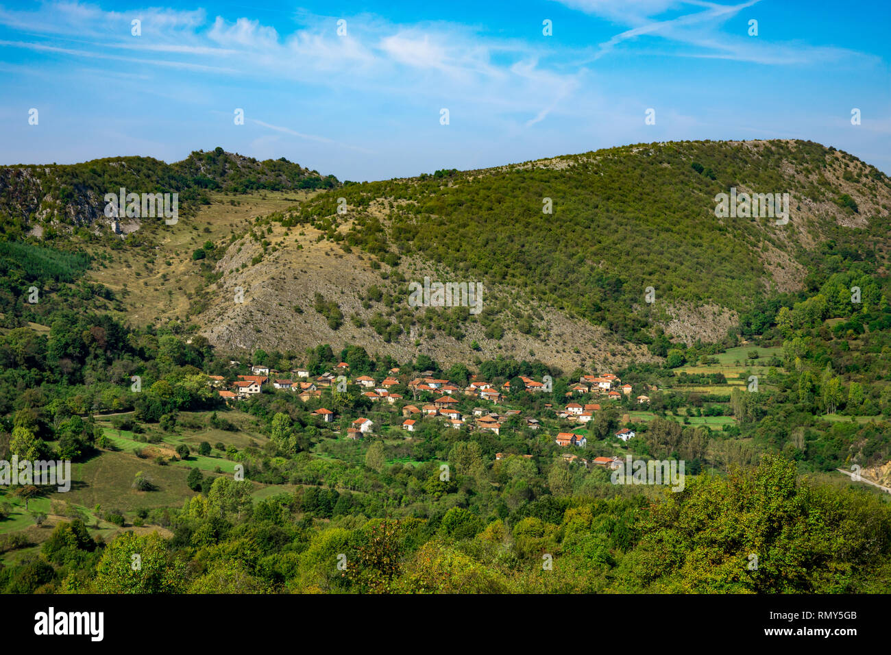 The village of Koprivstica in the valley of a mountain pass, near lake Zavoj. Stara Planina Serbia Stock Photo
