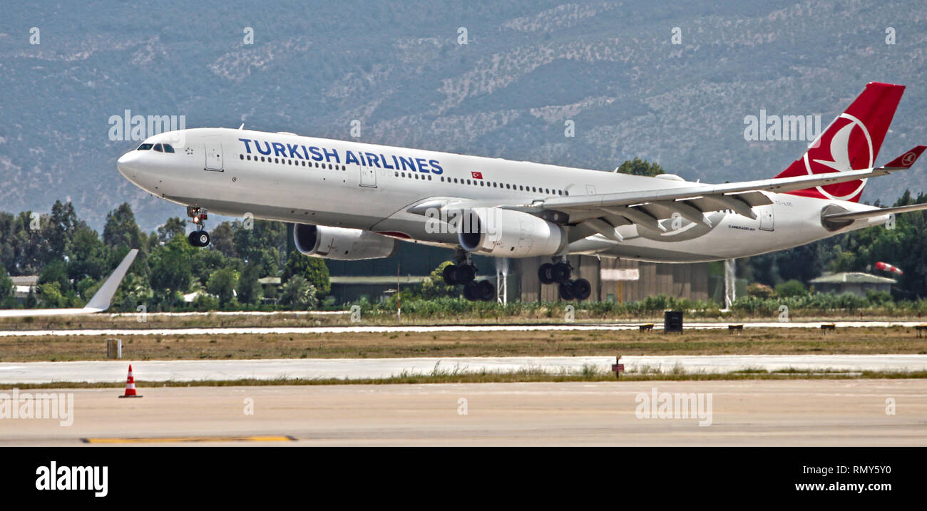 Bodrum, Mugla / Turkey - June 9th, 2018: An Airbus a330 with tail number TC-LOC of Turkish Airlines landing. Stock Photo