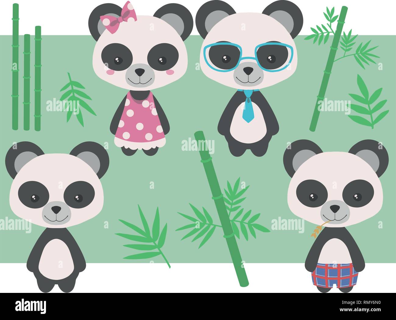 Collection of different cute cartoon style giant panda bear girls and boys  with clothing and bamboo vector illustration Stock Vector Image & Art -  Alamy