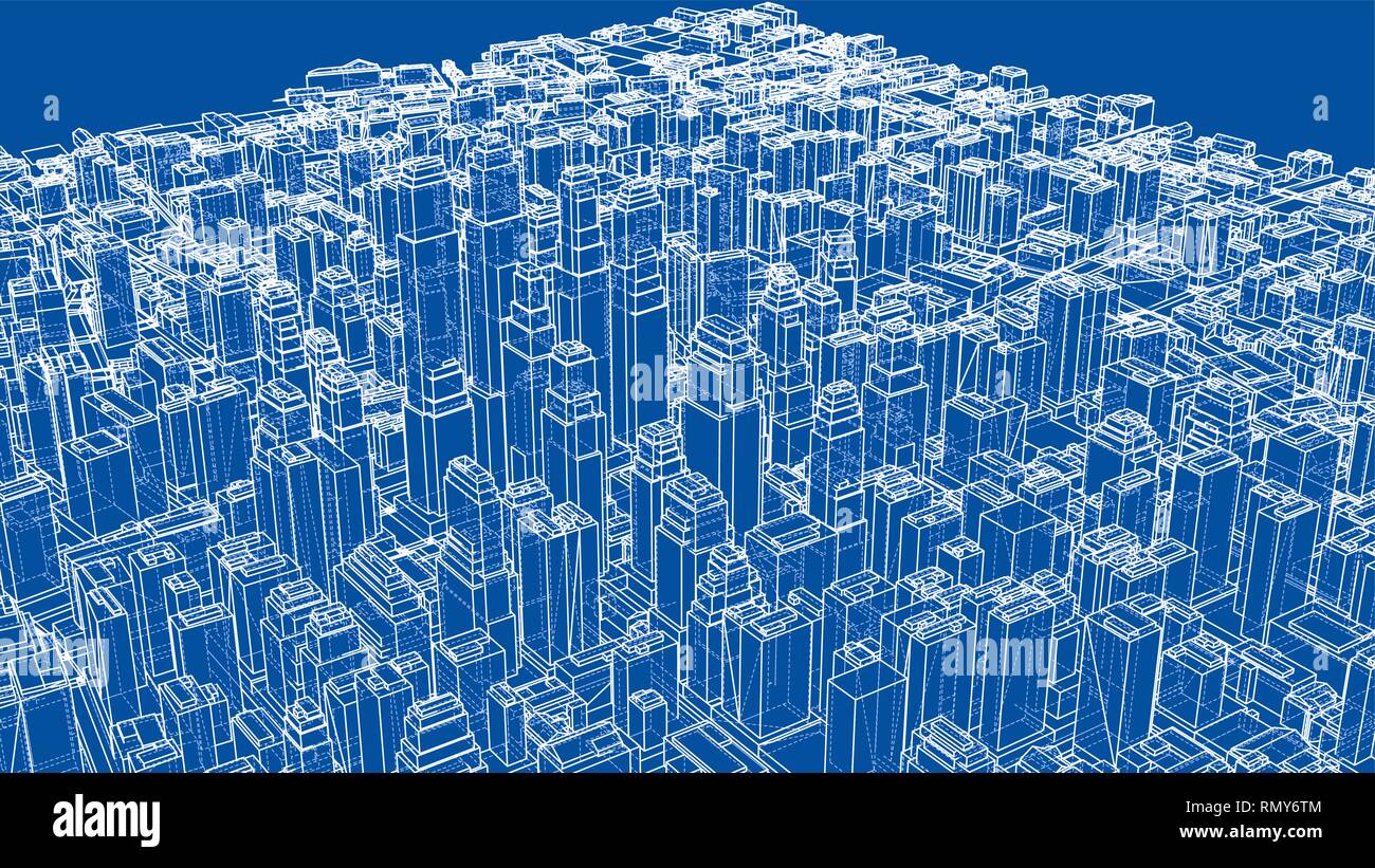 Wire-frame City, Blueprint Style Stock Vector