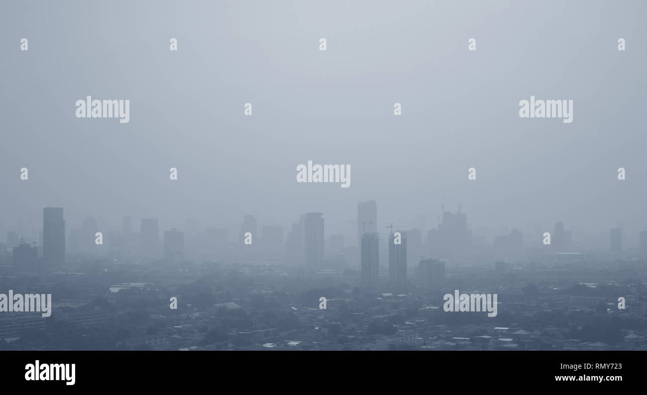 Pollution concepts with smog on city landscape in morning. health care ...
