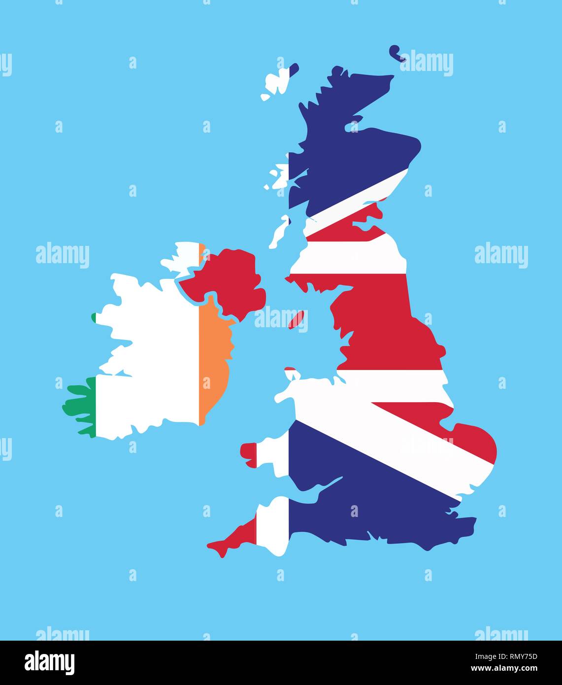 Silhouette vector map of United Kingdom of Great Britain and Ireland divided with UK and Irish Flag Stock Vector