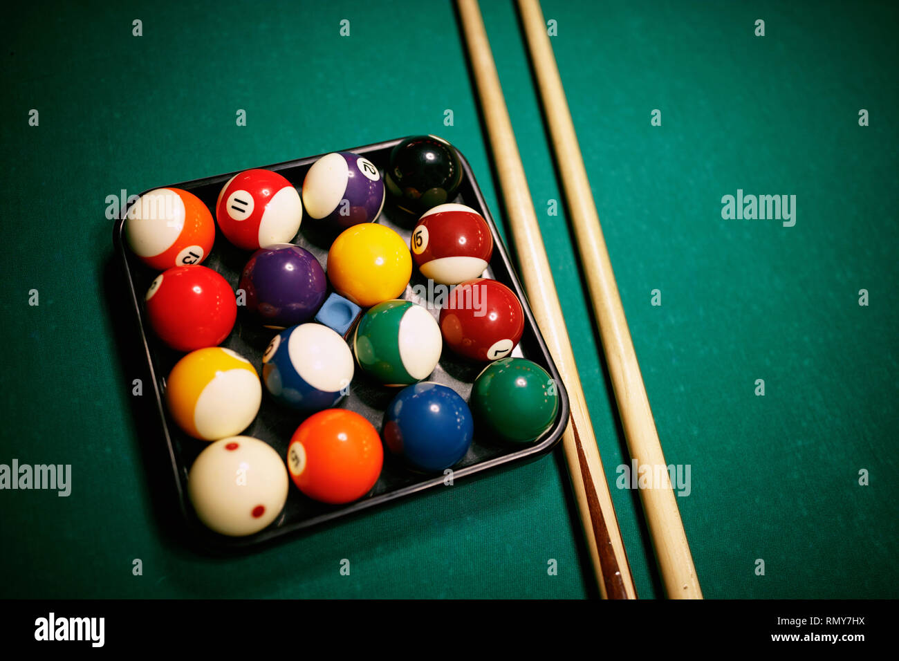 Billiard balls pool on green table beginning game Stock Photo