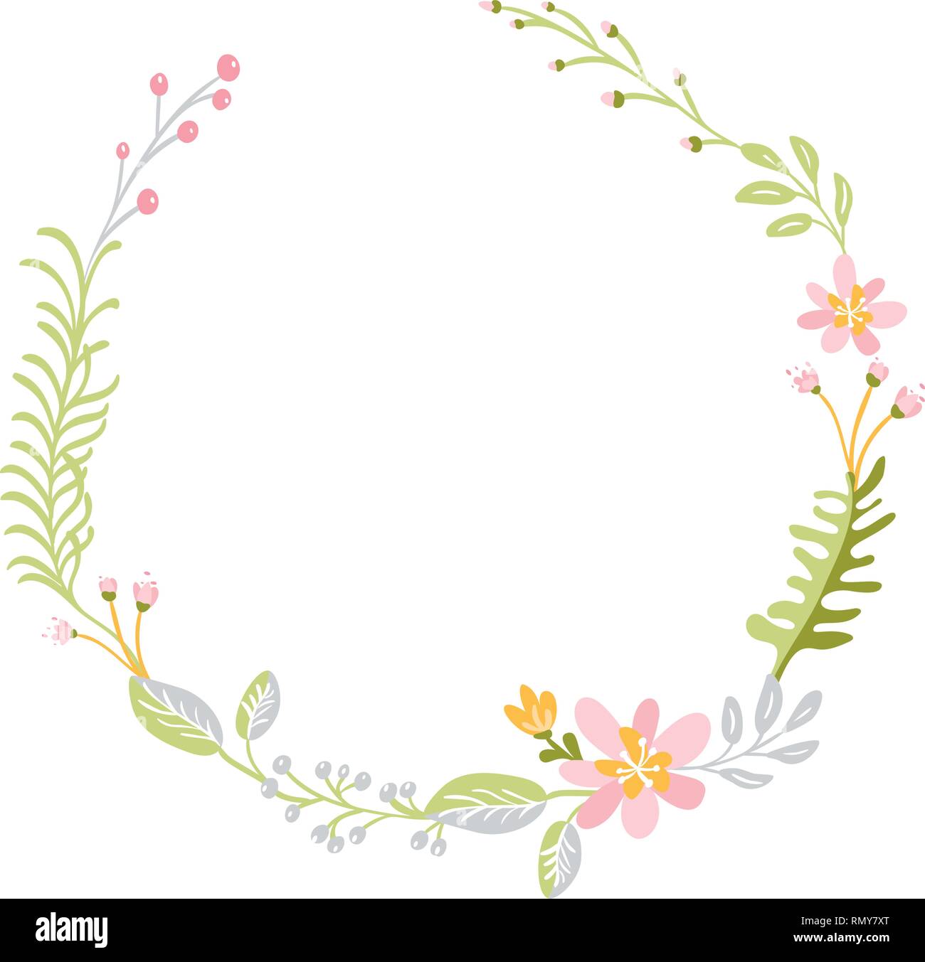 Flat abstract spring flower herbs wreath. Vector Meadow garden frame ...