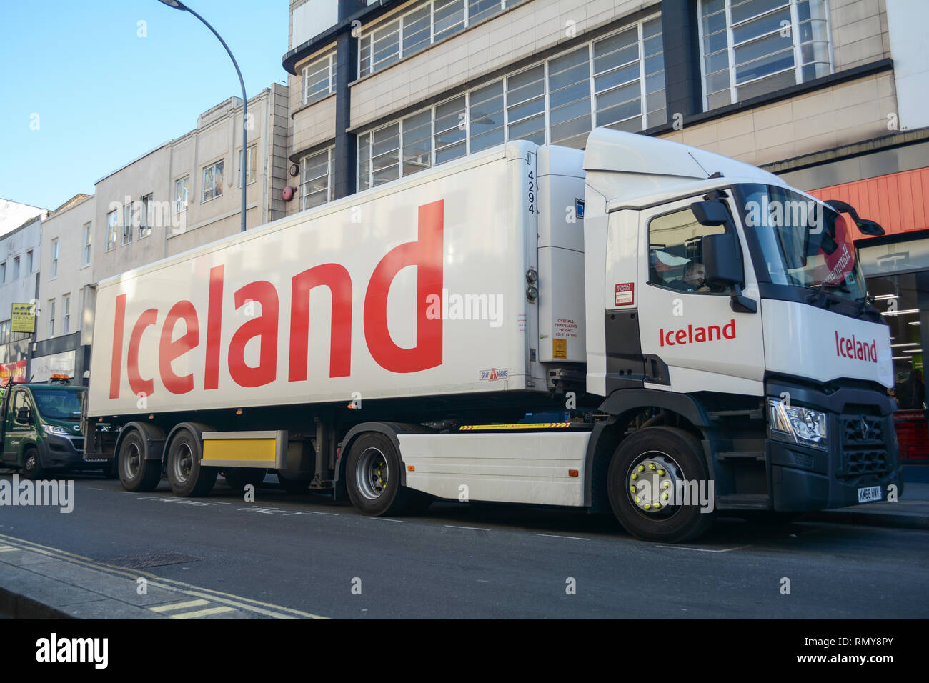 An Iceland articulated HGV lorry unloading on King Street, Hammersmith, London, W6, UK Stock Photo