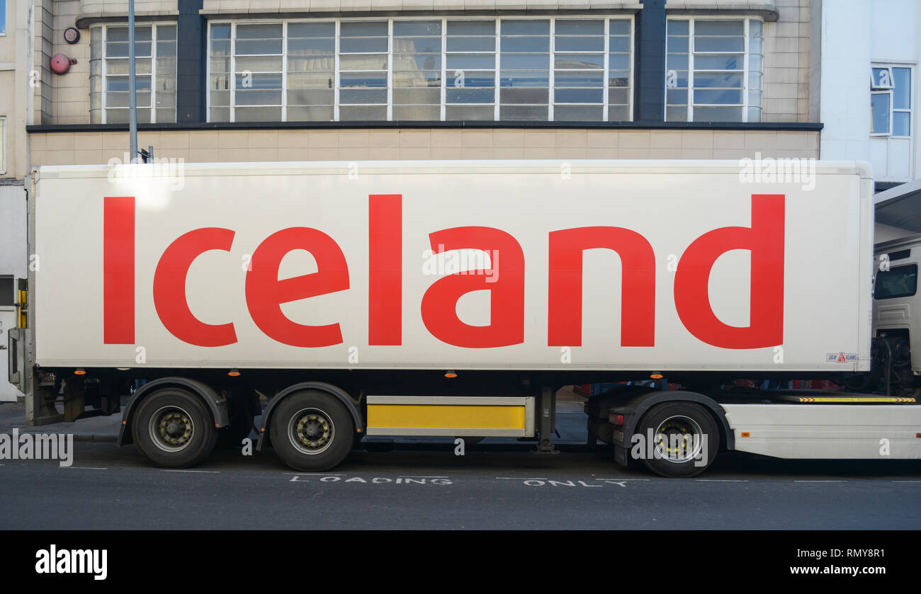 An Iceland articulated HGV lorry unloading on King Street, Hammersmith, London, W6, UK Stock Photo
