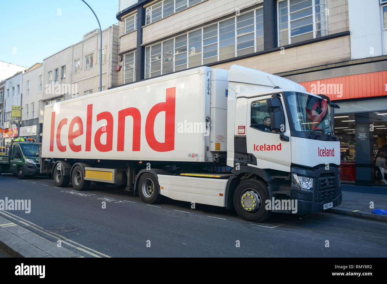 An Iceland articulated HGV lorry unloading on King Street, Hammersmith, London, W6, UK Stock Photo