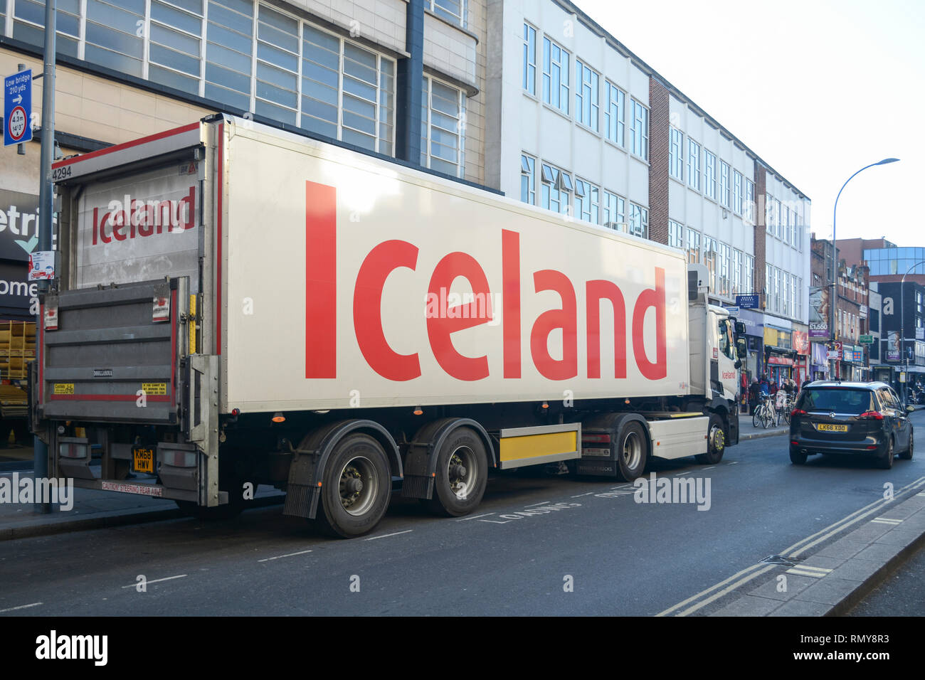 An Iceland articulated HGV lorry unloading on King Street, Hammersmith, London, W6, UK Stock Photo