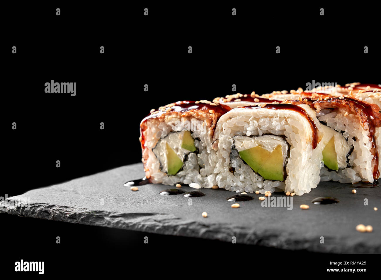 Fusion California Roll Sushi,stuff with Salmon,cucumber,crab Stick and  Sweet Egg,Stylist Food with Blur Boken Background,Japanese Stock Photo -  Image of maguro, local: 91910644