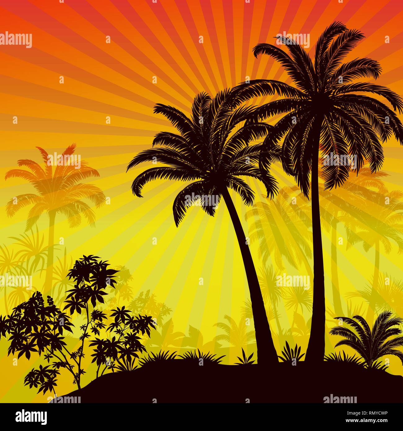 Labels with Tropical Landscape, Palms Trees and Exotic Plants Black Silhouettes on Background with Morning Sea, Mountains and Sky with Stars and Sunrays. Vector Stock Vector