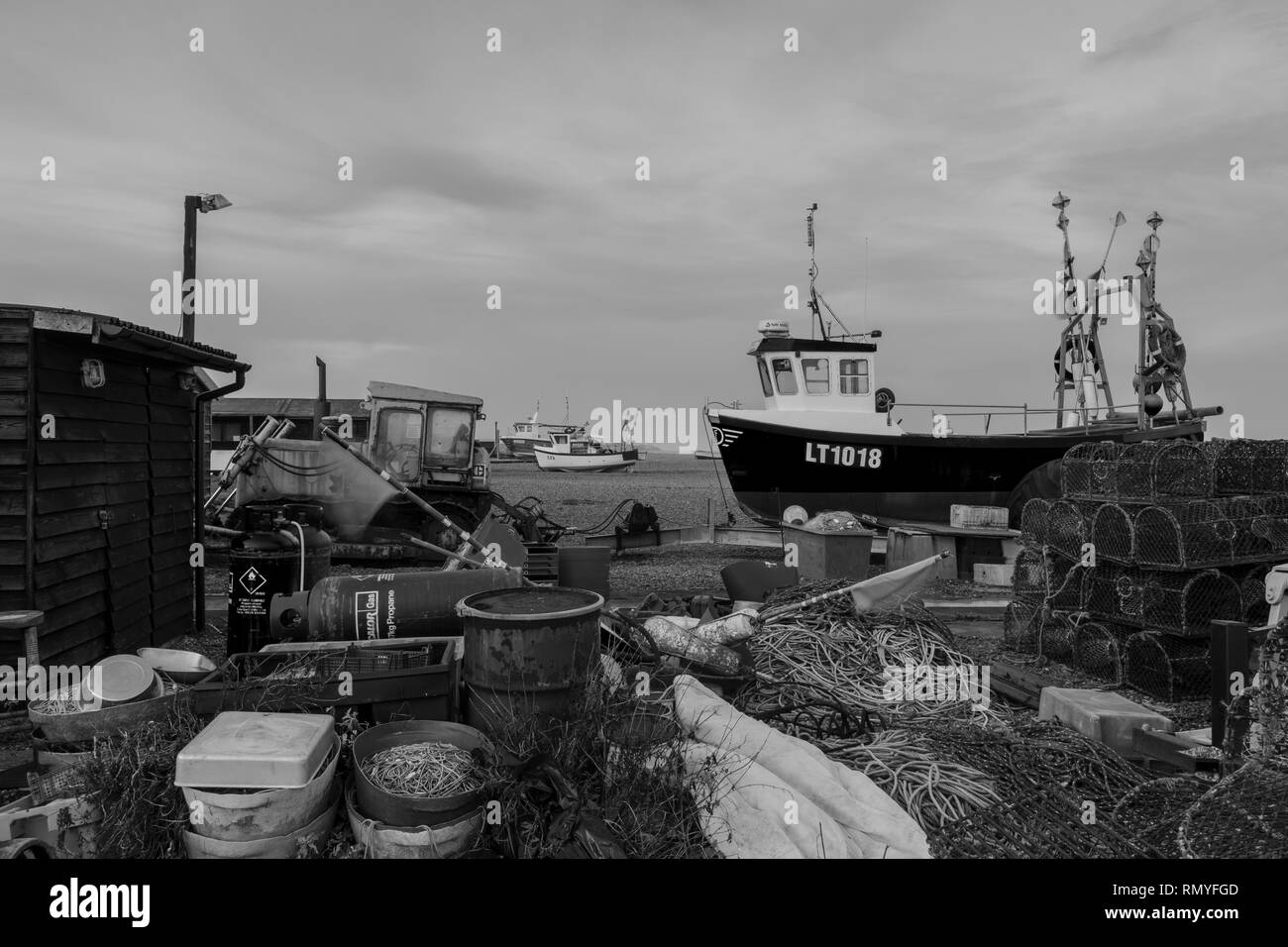 Fishing Boats and Tackle on Beach at Aldeburgh in Suffolk on a Bright