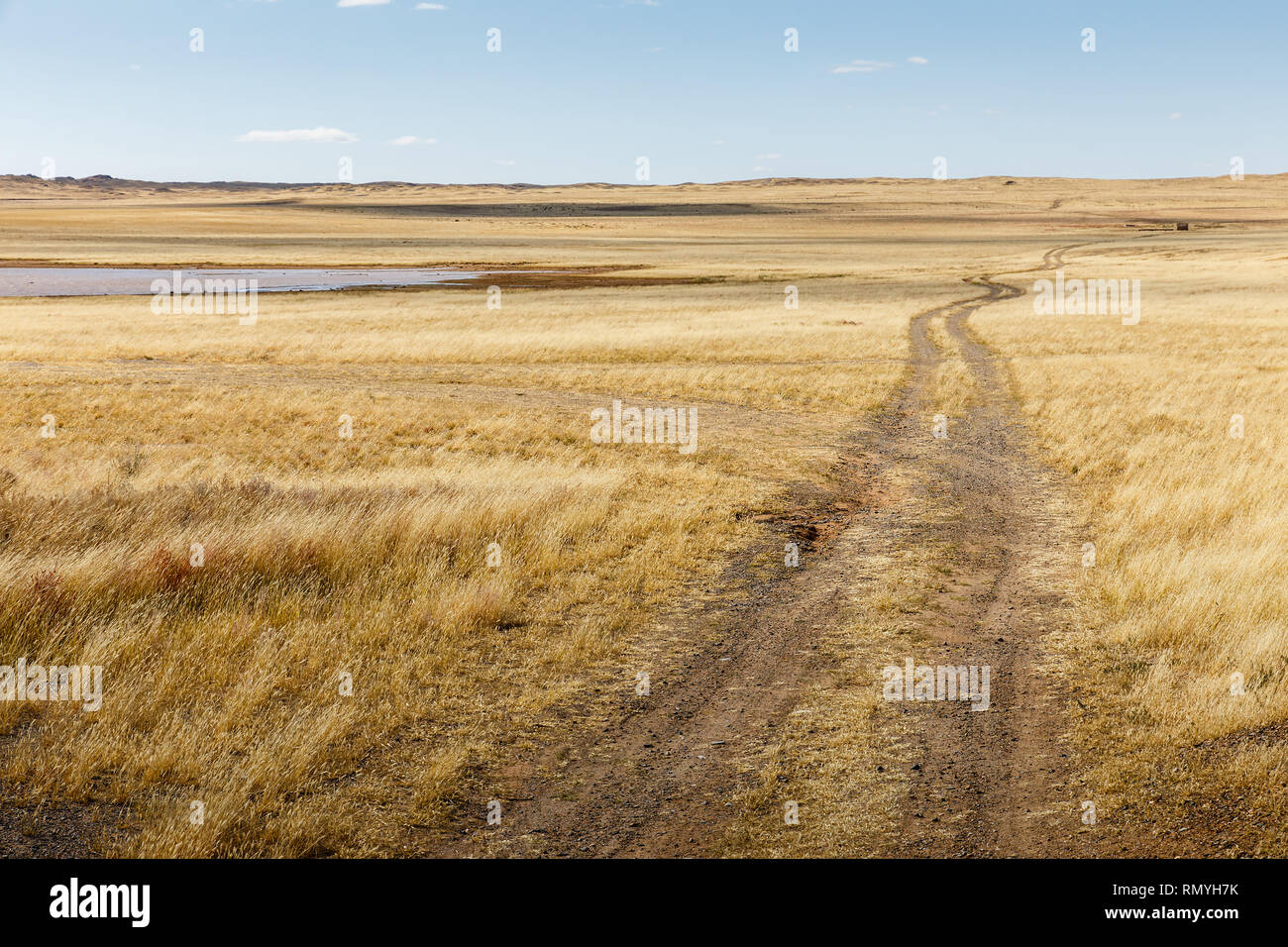 road in the Mongolian steppe, landscape, Gobi Desert, Mongolia Stock Photo
