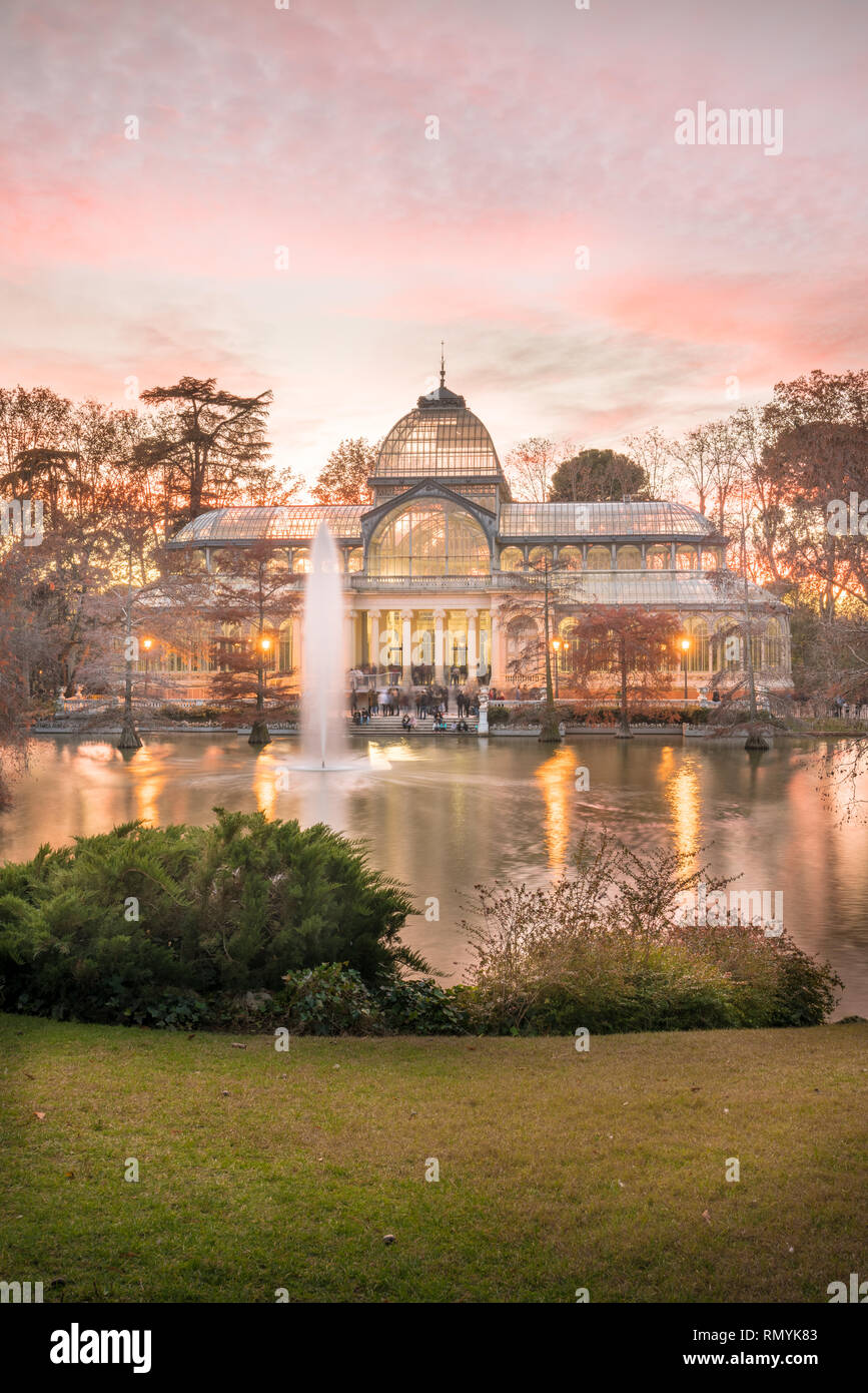 The Crystal Palace (Palacio de Cristal) is located in the Retiro park in Madrid, Spain. It is a metal structure used for expositions of contemporaneou Stock Photo