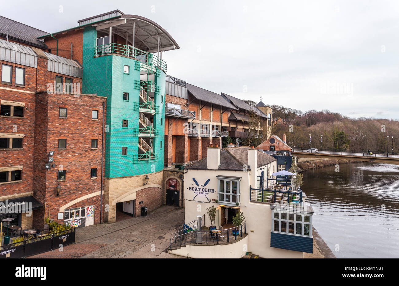 The Boat Club and shops on the riverside at Durham,England,UK Stock Photo